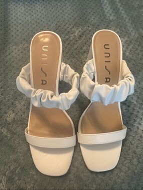 Unisa White Ruched Strap Mule Sandals